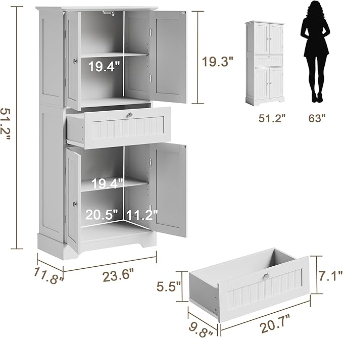 ChooChoo 51" H Bathroom Floor Cabinet with Drawers and Adjustable Shelves | Bathroom Storage Cabinet, Freestanding Kitchen Pantry Cupboard with 4 Doors for Living Room, White