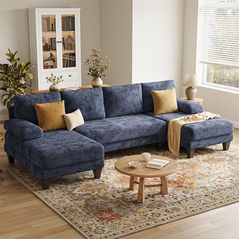 U-Shaped Sectional Couches for Living Room | 112 Inch Modern Sectional Couch | Chenille Sofa with Double Chaise for Apartment Dark Blue