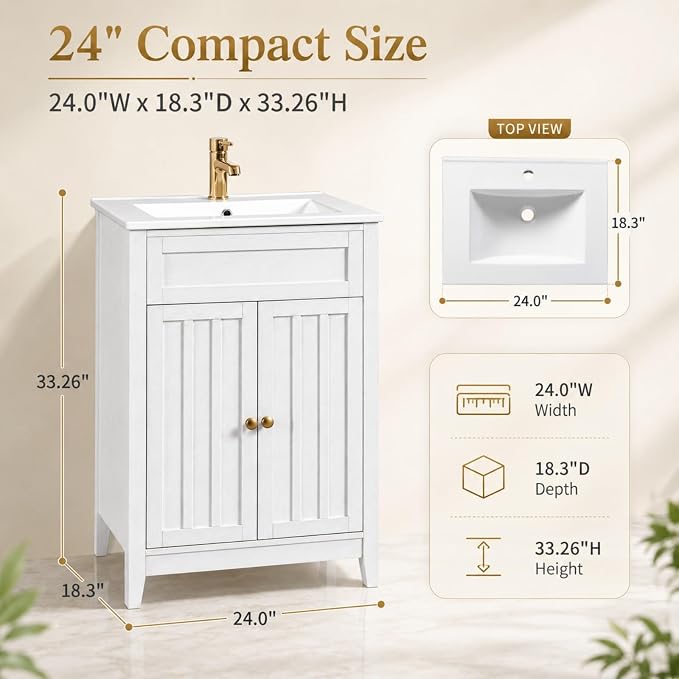 VINGLI 24 Inch Bathroom Vanity with Sink, Washed White Freestanding Farmhouse Vanity Cabinet, Single-Hole Ceramic Basin with Overflow, 2-Door Storage with U-Shaped Shelf