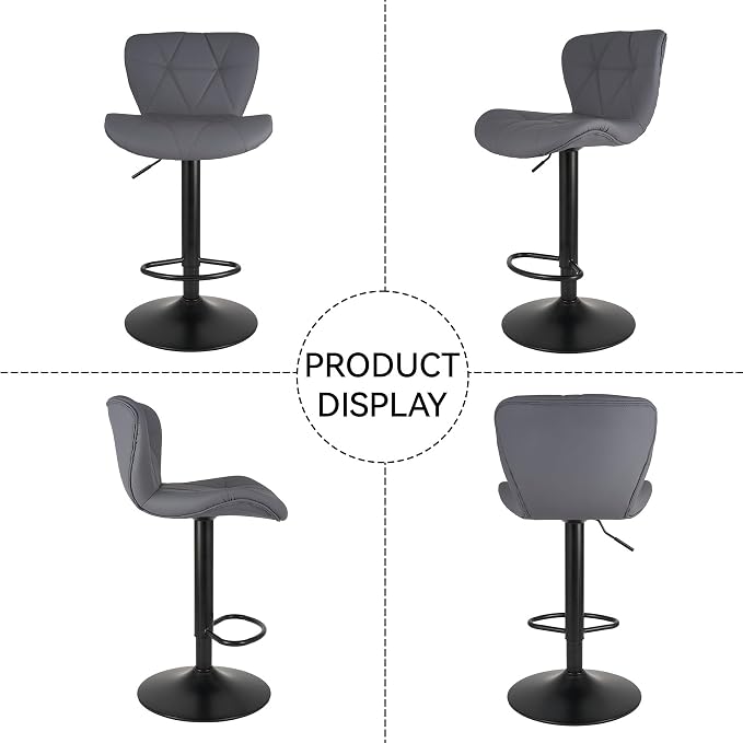 Nalupatio Modern Bar Stools Set of 2, Adjustable Faux Leather Upholstered Swivel Bar Stools, Counter Height Bar Chairs with Back for Kitchen Island, Dark Grey