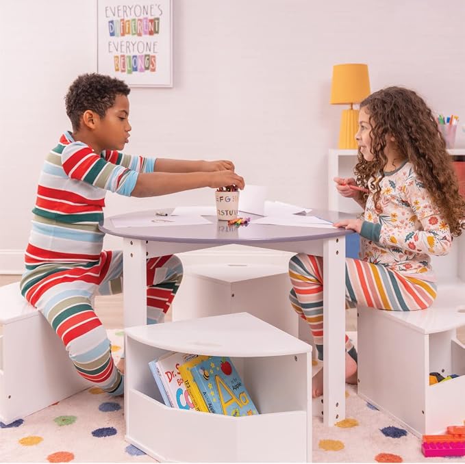 Milliard Toddler Table and Chair Set – Round Kids Activity Table With 4 Storage Stools, Nesting Design for Toddlers, Kids Play Table with Storage - Space-Saving Playroom Kids Furniture - (White)