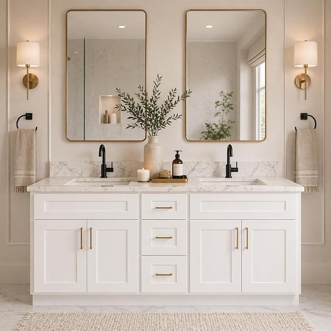 Riley & Higgs White Shaker 60" Double Sink Vanity Base Cabinet with Drawers | Shaker-style vanity base with drawers, sized for a 60-inch double-sink configuration