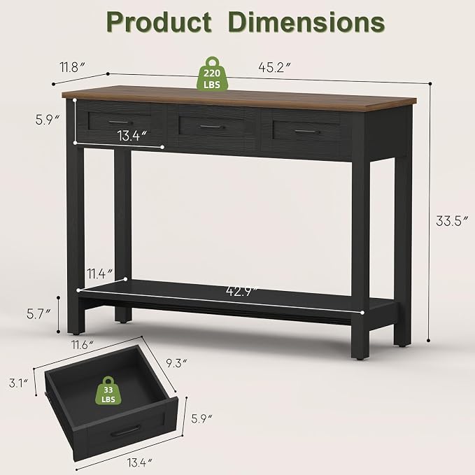 YOSHOOT 45" Farmhouse Entryway Console Table, Desk Behind the Couch with 3 Drawers and 2-Tier Shelves, Narrow Sofa Table for Hallway, Bedroom, Living Room, Black Brown