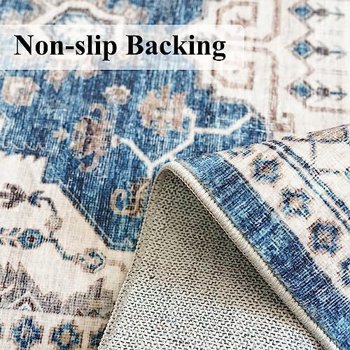 2x3 Washable Vintage Area Rug: Indoor Soft Entryway Rug with Non Slip Backing Water Resistant Carpet for Kitchen Bathroom Laundry Low Pile Door Mat Perfect for Homes with Cats & Dogs(2x3,Blue)
