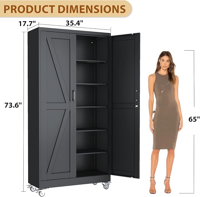 74" Metal Garage Storage Locker Cabinet with Wheels,Rolling White Farmhouse Kitchen Pantry Cabinet with 2 Doors and 5 Adjustable Shelves, Steel File Tool Cabinet for Home Office Warehouse