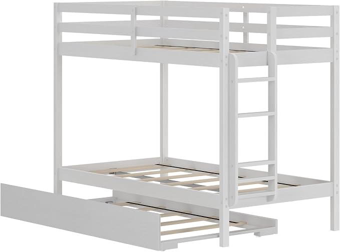 Grain & Grove Bear Twin Over Twin Bunk Bed with Trundle Bed, Sturdy Bunk Bed Frame for Kids, Plywood Bunk with Ladder, Guardrail, and Slats, No Box Spring Required, Brushed White