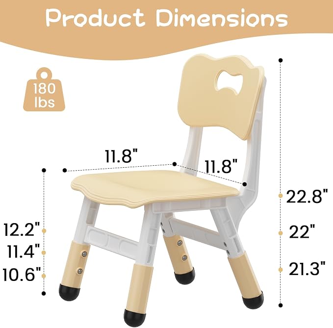 2-Pack Adjustable Kids Chairs, 3-Level Height Plastic Toddler Chair with Non-Slip Base & Stackable Design, for Home School Classroom Daycare Indoor Outdoor Use, Ages 2-8, Natural