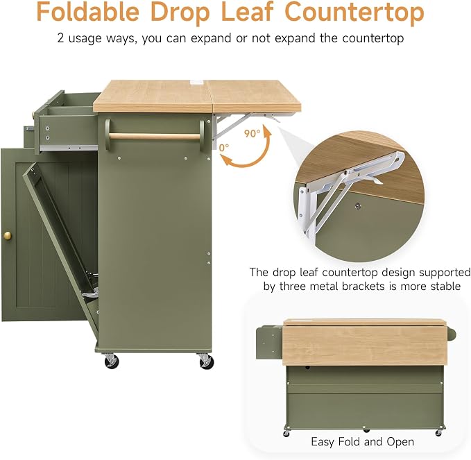 ONBRILL 60" Kitchen Island with Trash Can Storage, Green