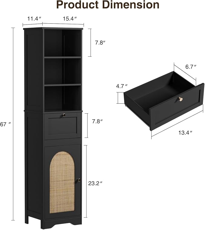 Tall Narrow Rattan Bathroom Storage Cabinet with Doors and Drawers, Black | Freestanding Skinny Tower Linen Cabinet, Rattan Door, Rattan Drawer, Adjustable Shelves, Open Storage, for Kitchen, Bathroom