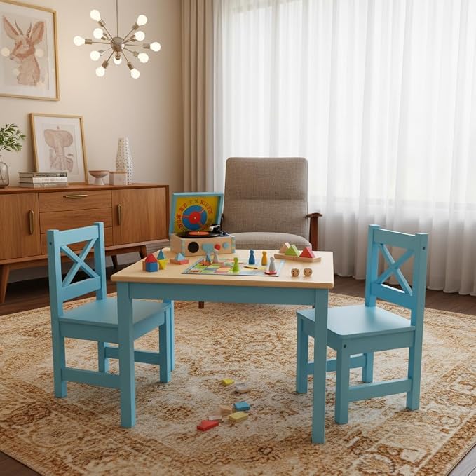 PETIT BATEAU Solid Wood Kids Table & 2 Chairs Set,Ages 2-8,Bluecolor