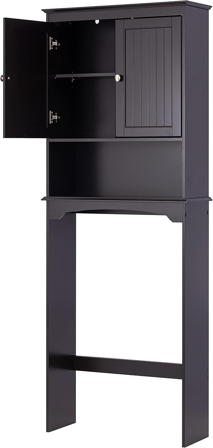 Spirich Over Toilet Storage Cabinet with Doors, Espresso Bathroom Organizer | FSC-Certified MDF, Raised Panel Doors, Adjustable & Open Shelves, Anti-Tip Mount, Fits Behind & Above Standard Toilets