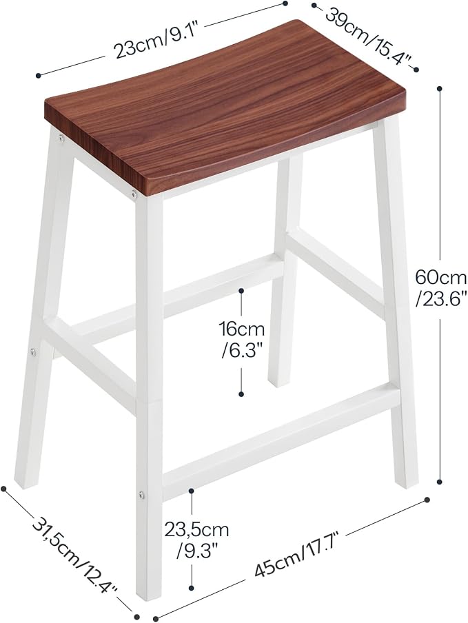 HOOBRO Bar Stools, Set of 2 Bar Chairs, 23.6 Inch Saddle Stools, Kitchen Counter Seat with Footrests, Industrial Barstools for Dining Room, Kitchen, Counter, Bar, Walnut and White HW02MD01