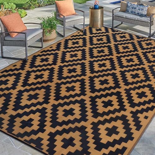 SAND MINE Reversible Mats, Plastic Straw Rug, Modern Area Rug, Large Floor Mat and Rug for Outdoors, RV, Patio, Backyard, Deck, Picnic, Beach, Trailer, Camping, Black & Brown, 9' x 12'