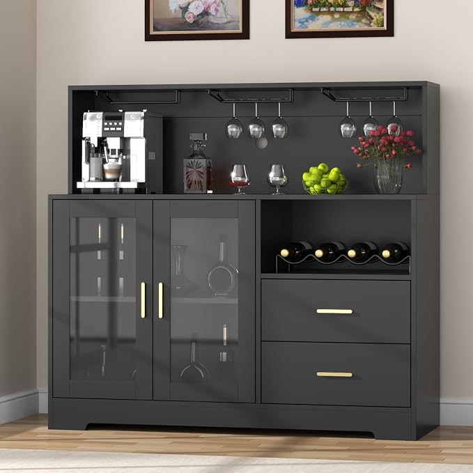 Bar Cabinet for Home with LED Light,Coffee Bar Cabinet w/ Wine & Glass Rack