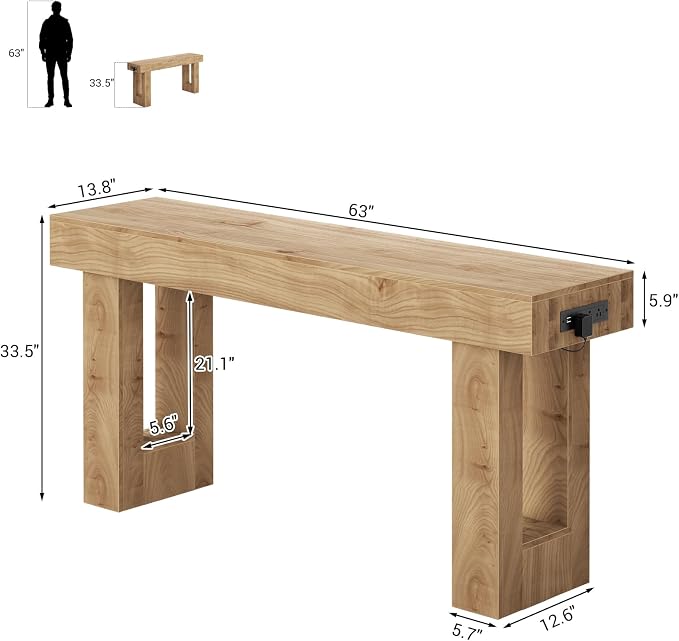 Unikito 63" Console Table with Sensor Light and Oulets, Natural Oak