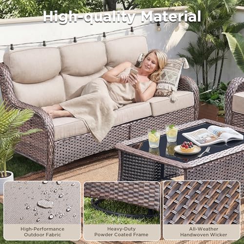 Luxury 7 Pieces Outdoor Patio Furniture Set-All Weather Wicker Outdoor Furniture with Swivel Rocker Patio Chairs 6-inch Extra Thick Cushions Wicker Conversation Set for Garden Porch(Brown/Beige)