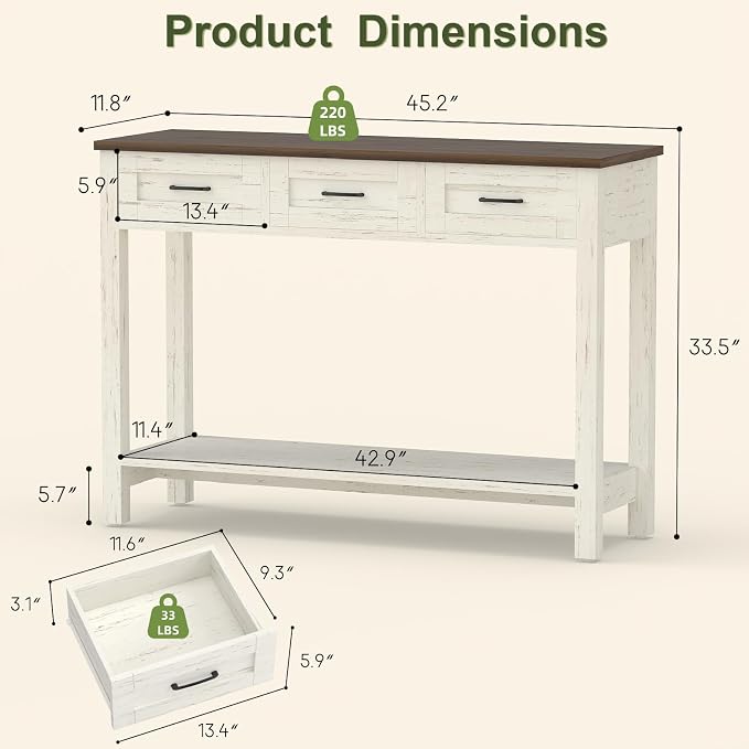 YOSHOOT 45" Farmhouse Entryway Console Table, Desk Behind the Couch with 3 Drawers and 2-Tier Shelves, Narrow Sofa Table for Hallway, Bedroom, Living Room, White Brown