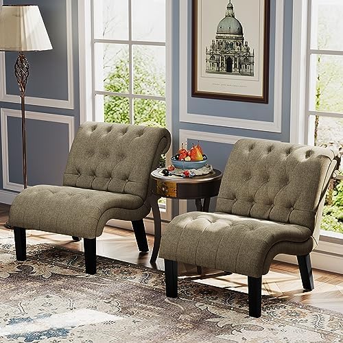 Accent Chairs Set of 2 Modern Armless Living Room Bedroom Side Chairs Button Tufted Upholstered Leisure Chair with Wood Legs