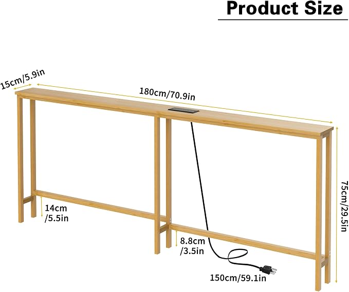 VASMIA 70.9 Inch Narrow Console Table with Outlet,Bamboo Behind Couch Sofa Table,Skinny Hallway Table for Entryway Living Room,Foyer,Natural