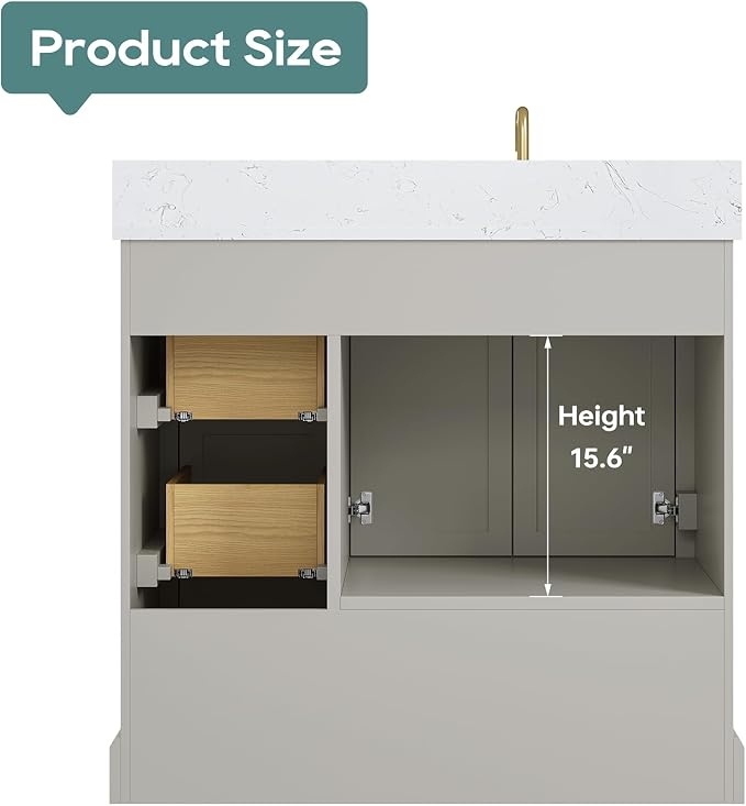 36 Inch Bathroom Vanity with Sink Combo, Greige | Solid Wood Frame with Marble Top & Backsplash & Ceramic Sink, Fully-Assembled with Soft-Closing Doors & 4 Dovetail Drawers
