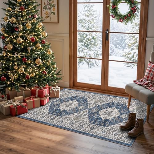 2x4 Non-Slip Entryway Area Rugs: Washable Stain Resistant Kitchen Carpet Printed Doormat Soft Low Pile Nursery Rug Vintage Small Floor Mat for Hardwood Bedroom Cozy Home Decor fot Family(2x4,Blue)