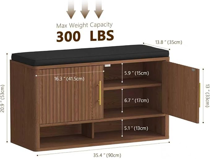 Fluted Shoe Storage Bench, Entryway Bench with Adjustable Shelves