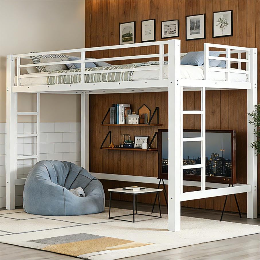 Bellemave Twin XL Size Loft Bed Frame with 2 Ladder, Sturdy Metal Construction & High Guardrail, Space Saving Twin XL Loft Bed for Kids, No Box Spring Needed, Safe for Adults, Teens, Dorms, White