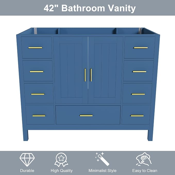 Montary 42" Modern Bathroom Vanity Base Cabinet, Solid Wood Construction | Soft-Close Double Doors & 9 Full-Extension Drawers(Basin & Top Not Included),Blue