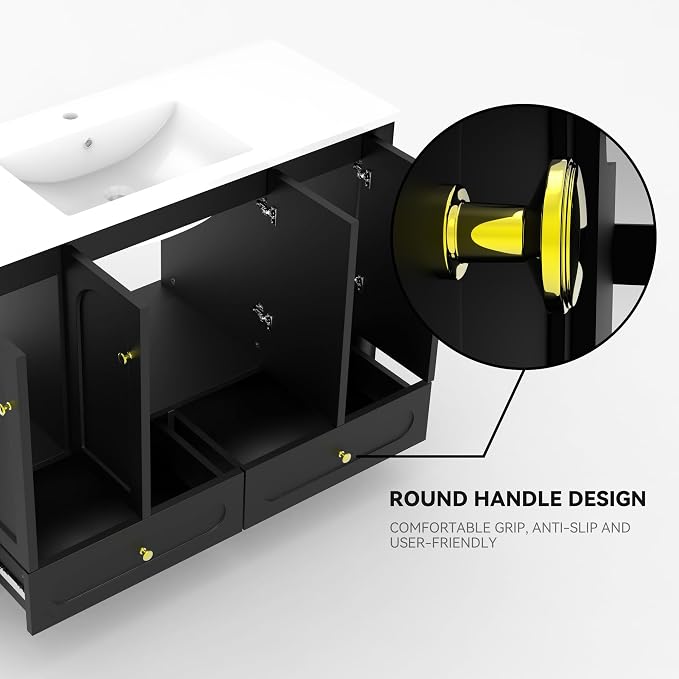 LUMISOL 48" Bathroom Vanity with Sink, Modern Single Bathroom Vanity with 4 Soft-Closing Doors & 2 Drawers, 48" Bathroom Storage Cabinet with Resin Basin, Black