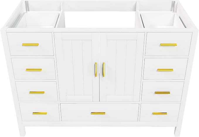 Montary 48" Modern Bathroom Vanity Base Cabinet, Solid Wood Construction | Soft-Close Double Doors & 9 Full-Extension Drawers(Basin & Top Not Included),White