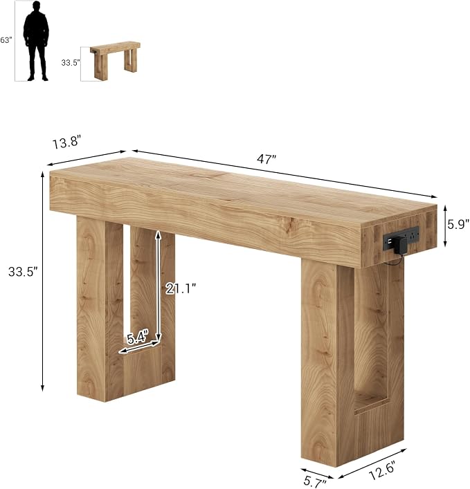 Unikito 47" Entryway Table with Socket & Sensor Light, Natural Oak