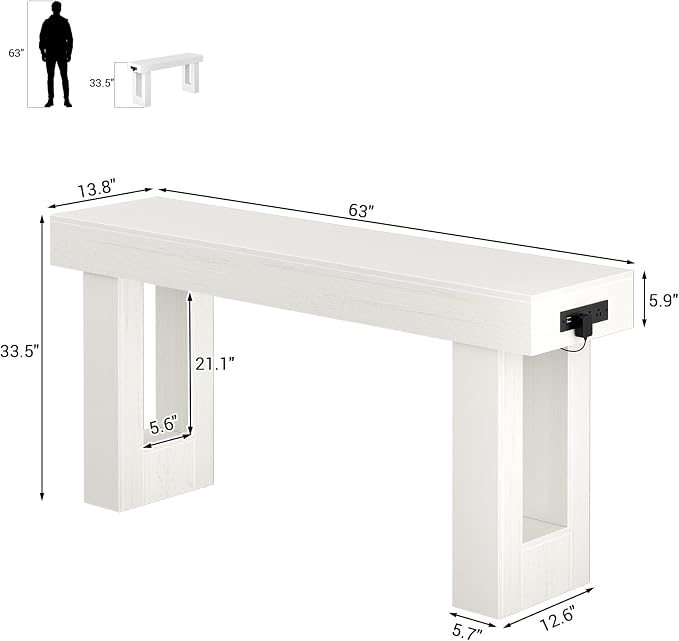 Unikito 63" Console Table with Sensor Light and Oulets, Rustic White