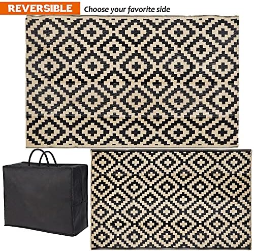 SAND MINE Waterproof Outdoor Rug 5x8 ft, Plastic Reversible Rug, Modern Area Rug, Large Floor Mat for Outdoors, RV, Patio, Backyard, Deck, Picnic, Beach, Camping, Black & Beige
