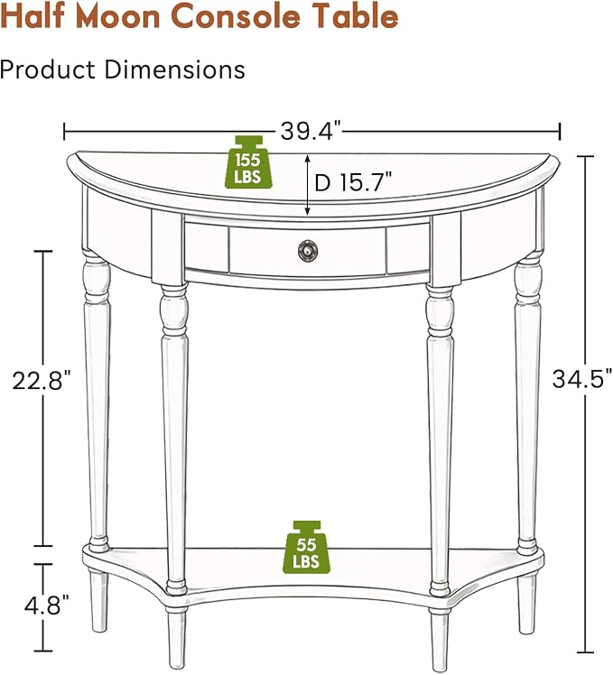 Half Moon Console Table Solid Wood Vintage Entryway Table with Storage Drawer Small Hallway Table for Entryway Half Round Foyer Tables Walnut Entry Way Tables For Entrance (Cherry, W-39.4")