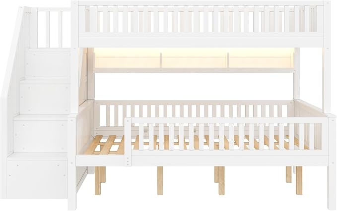 LUMISOL Full XL Over Queen Bunk Bed with Stairs, Solid Wood Bunk Bed Frame with LED Light and Bookshelf, White