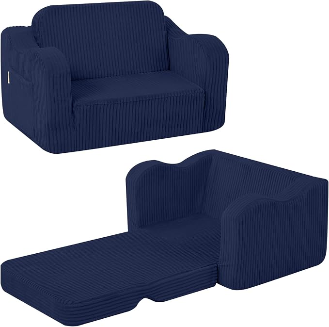 MeMoreCool Kids Couch, 2-in-1 Corduroy Foldable Sofa Chair, Navy Blue