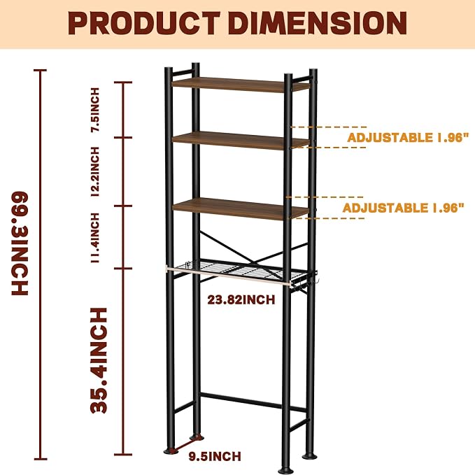 GloTika 4-Tier Over Toilet Storage, Anti-Tilt, 69.3" H, Brown | Anti-Tilt Safety System, 150lb Capacity, Carbon Steel, Freestanding, Anti-Rust Coating, Paper Holder & 4 Hooks