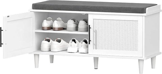 Akxomel 39.4" Rattan Shoe Storage Bench 2 Doors Wooden Entryway Bench White