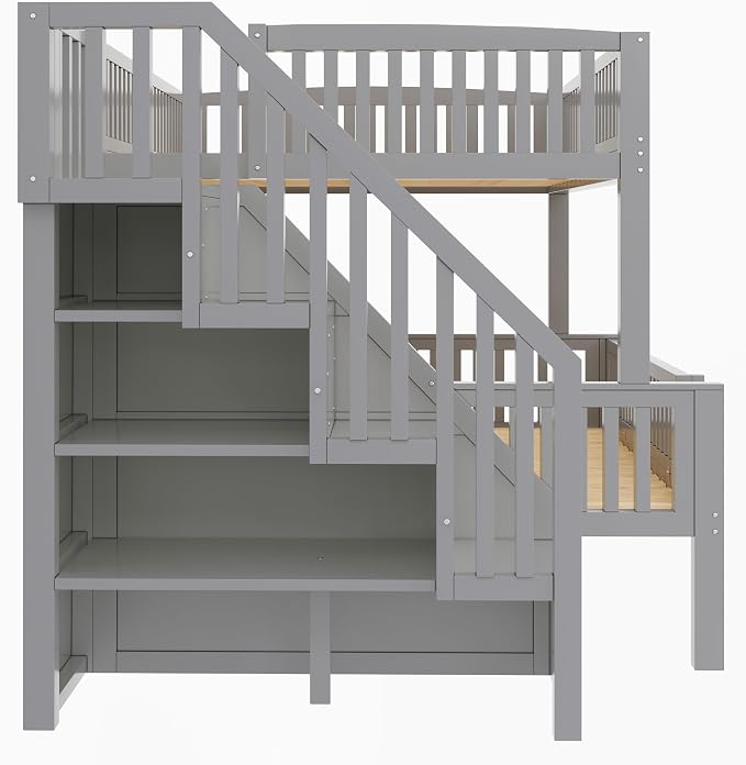 LUMISOL Full XL Over Queen Bunk Bed with Stairs, Solid Wood Bunk Bed Frame with LED Light and Bookshelf, Gray