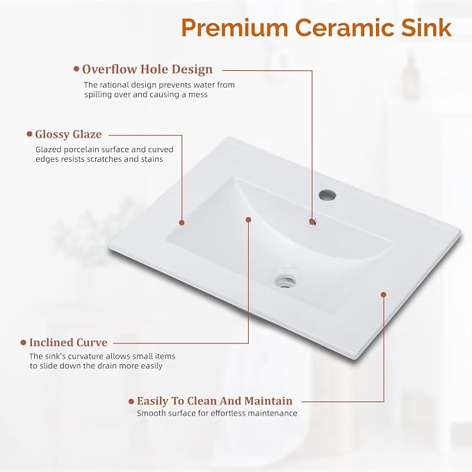 VINGLI 24 Inch Bathroom Vanity with Sink, Mid-Century Modern Vanity with Ceramic Basin and Fluted Soft-Close Doors, U-Shape Storage Shelf,Free Standing Small Bathroom Sink Cabinet Combo Set,Walnut