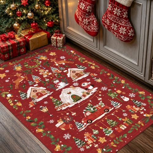 2x3 Christmas Cute Area Rug : Non-Slip Washable Winter Holiday Indoor Doormat Soft Low Pile Decorative Floor Mat for Kitchen Bathroom Living Room Bedroom Red Holiday Home Decor Gift（2x3，Red）