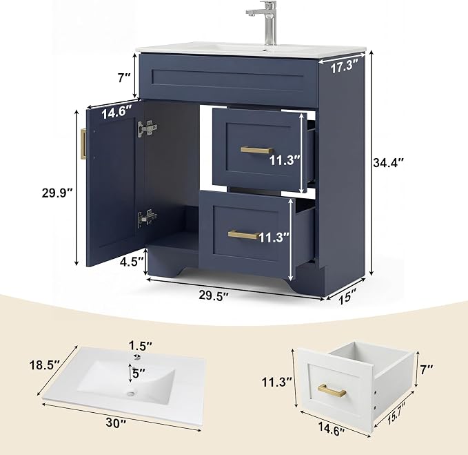 30 Inch Bathroom Vanity with Sink, Modern Shaker Bathroom Sink Cabinet with Soft-Close Door & 2 Drawers, Wood Freestanding Bathroom Storage Cabinet with Ceramic Basin, Navy Blue