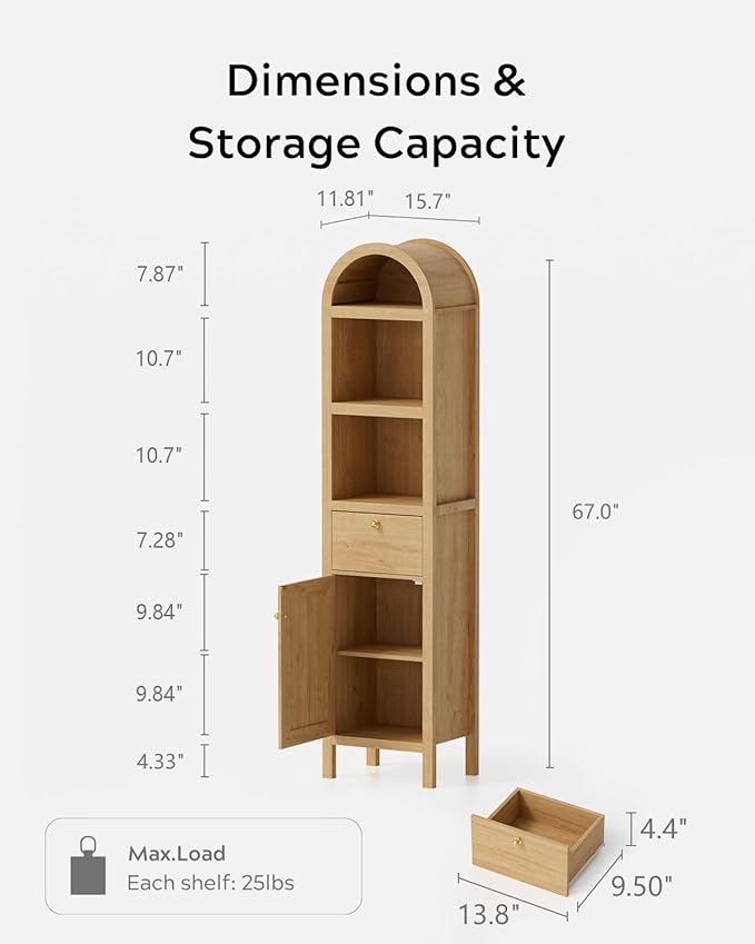 EYYTHUNG 67" Tall Arched Bathroom Narrow Storage Cabinets Set of 2 with Adjustable Shelf, Farmhouse Freestanding Tower Cabinet with Door and Drawer for Kitchen, Living Room, Natural Oak