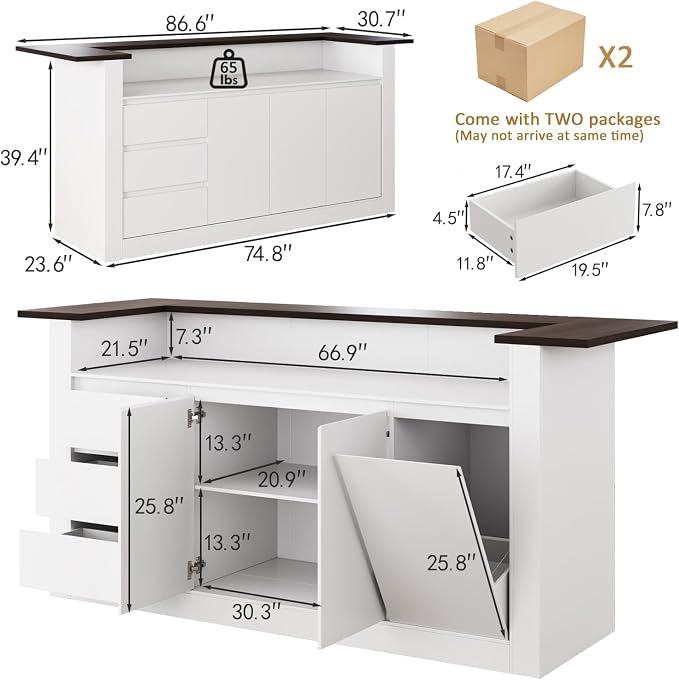 86.6" Large Kitchen Island with Trash Can Storage, White