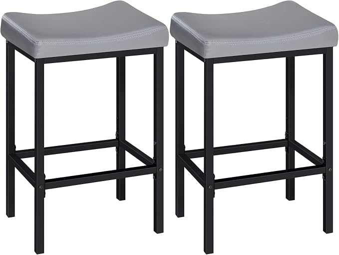 HOOBRO Bar Stools Set of 2, 24.8 Inches Bar Chairs, Counter Height Stools, Saddle Barstools with Curved Surface, 2.4" Thick Upholstery, for Kitchen, Dining Room, Gray and Black BG10BY01