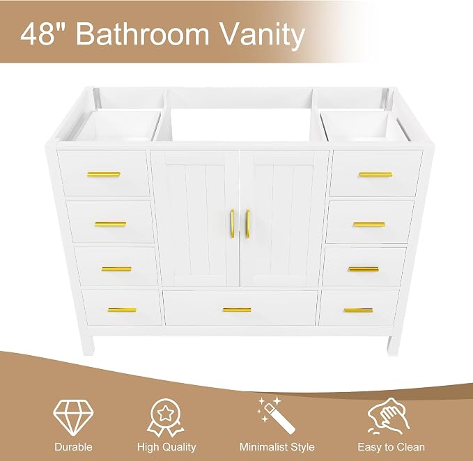 Montary 48" Modern Bathroom Vanity Base Cabinet, Solid Wood Construction | Soft-Close Double Doors & 9 Full-Extension Drawers(Basin & Top Not Included),White