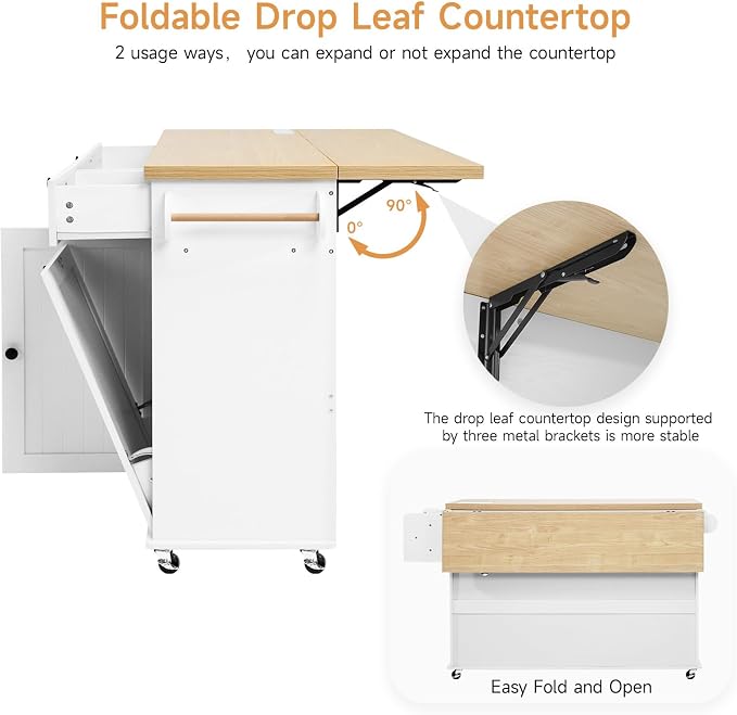 ONBRILL 60" Kitchen Island with Trash Can Storage, White