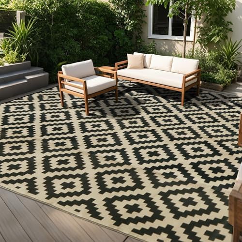 SAND MINE Reversible Mats, Plastic Straw Rug, Modern Area Rug, Large Floor Mat and Rug for Outdoors, RV, Patio, Backyard, Deck, Picnic, Beach, Trailer, Camping, Black & Beige, 10' x 14'