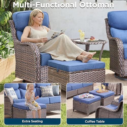Luxury 3 Pieces Patio Furniture Sets-All Weather Wicker Rattan 3-Seat Sofa Set with Comfy 6" Cushion, Multifunctional Ottomans Patio Conversation Set for Deck Backyard Garden(Brown/Blue)