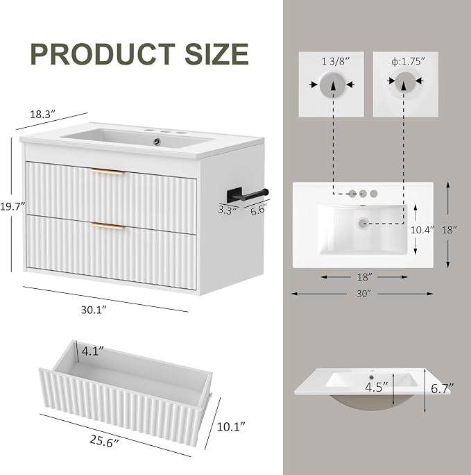 30 Inch Floating Bathroom Vanity with Sink & Towel Holder, Fluted Wall Mounted Vanity Cabinet, Modern Bathroom Combo with LED Light, Metal Handle & Double Soft-Closing Drawers, White